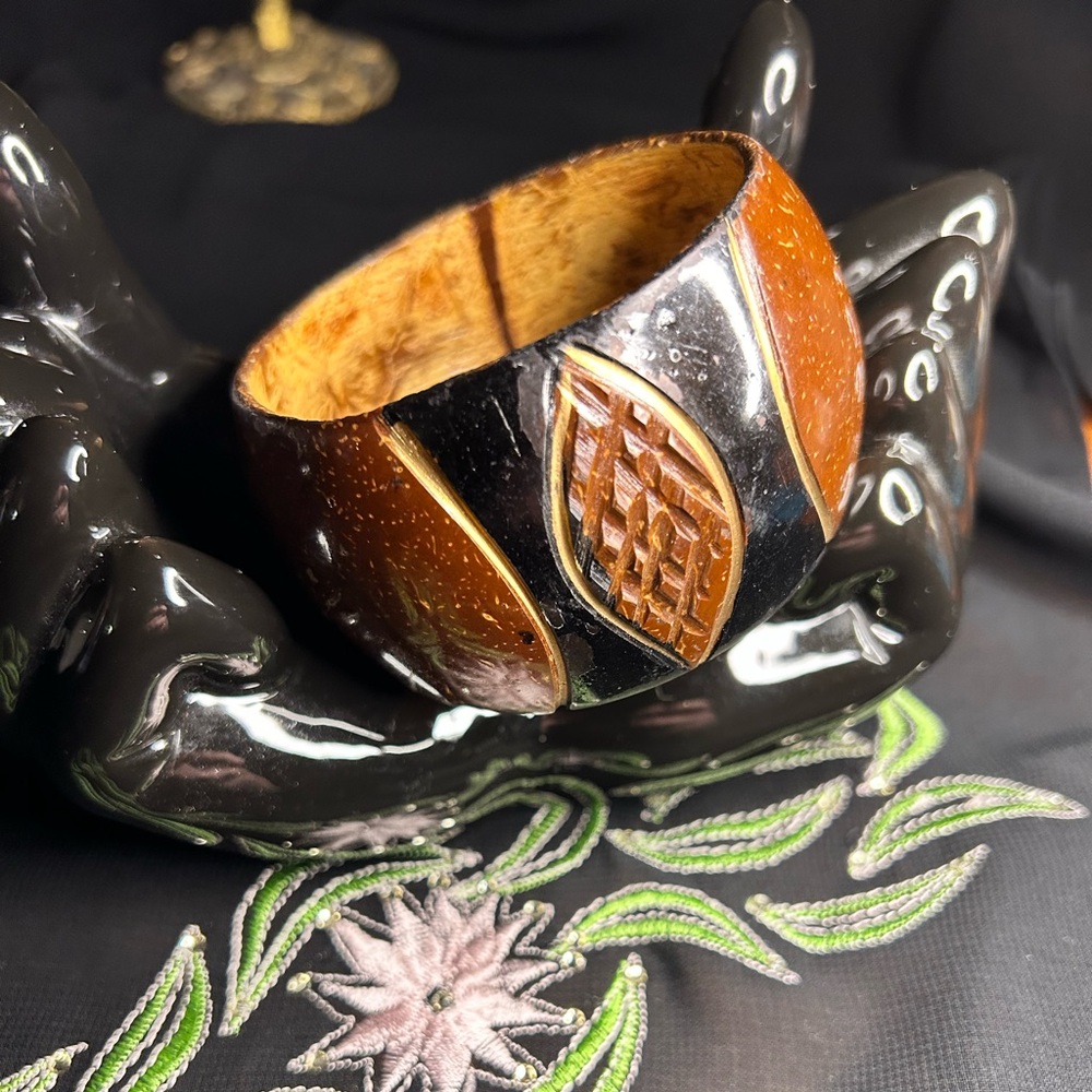VTG MCM Hand Carved Coconut shell wide bangle bracelet.